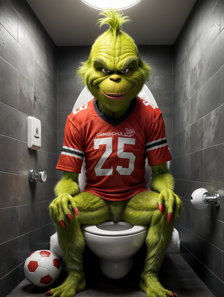 The Grinch wearing a football jersey, he has an evil grin and he is sitting on a toilet bowl in the shape of a football helmet