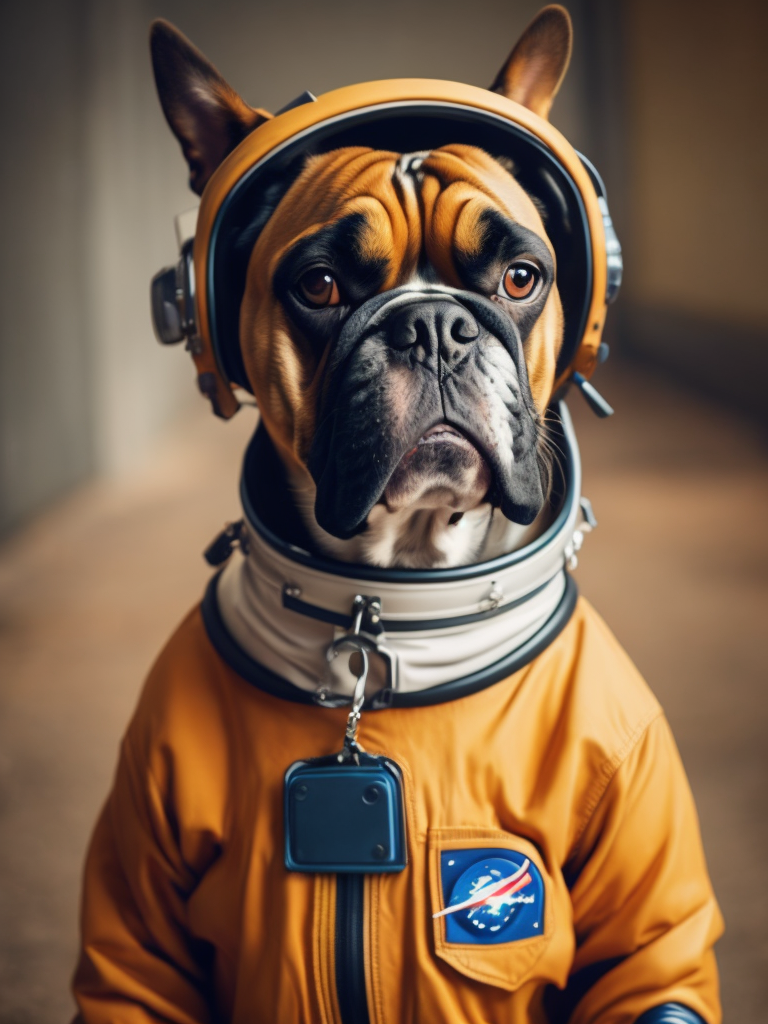 boxer dog wearing a space suit