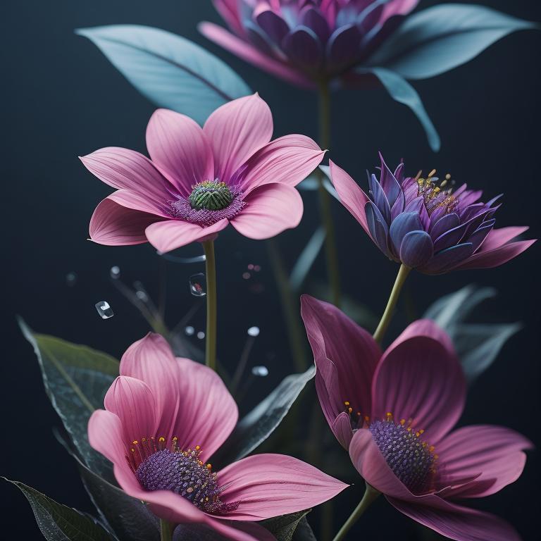 abstract ethereal flowers with blue and pink glass petals and metal leaves, 8k, uhd, intricate, highly detailed, sharp focus