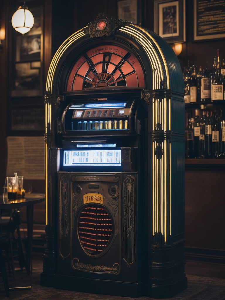 Retro jukebox in a bar, sharp focus, highly detailed,