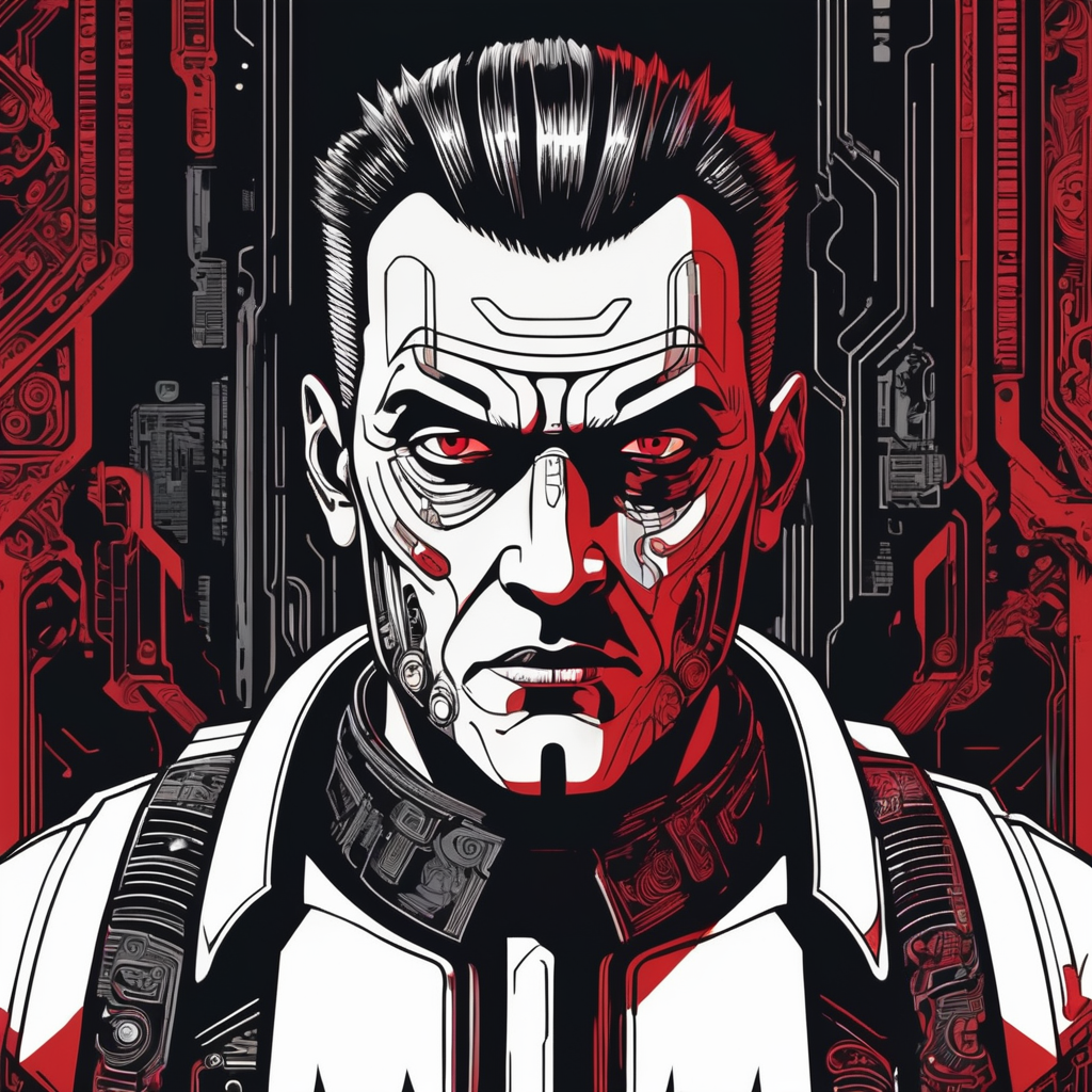 cyberpsychopath, against the background of a dark cyberpunk setting, retro style, linocut, ink printing, in the style of linear art, red black and white, high detail