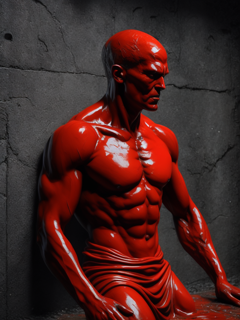 Red plastic statue of a man melting into the concrete concrete room dark and moody