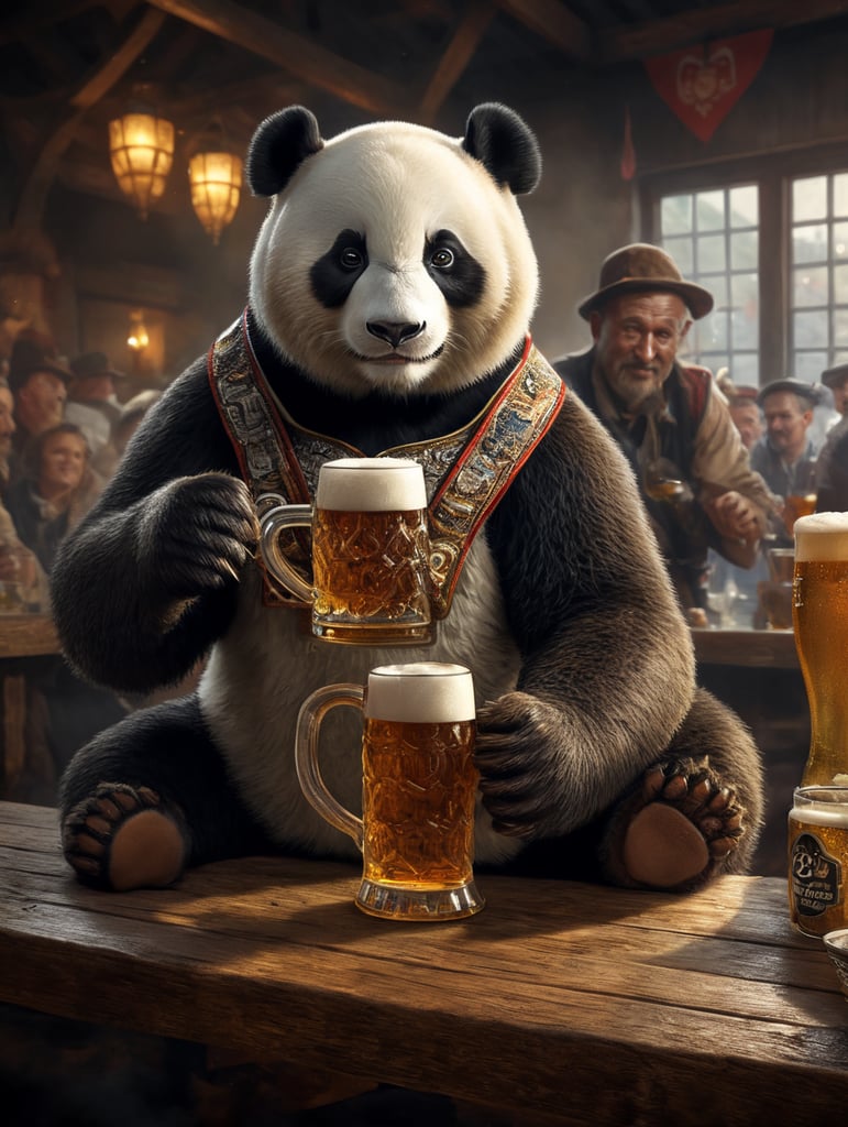 A panda bear drinking a beer at Oktoberfest