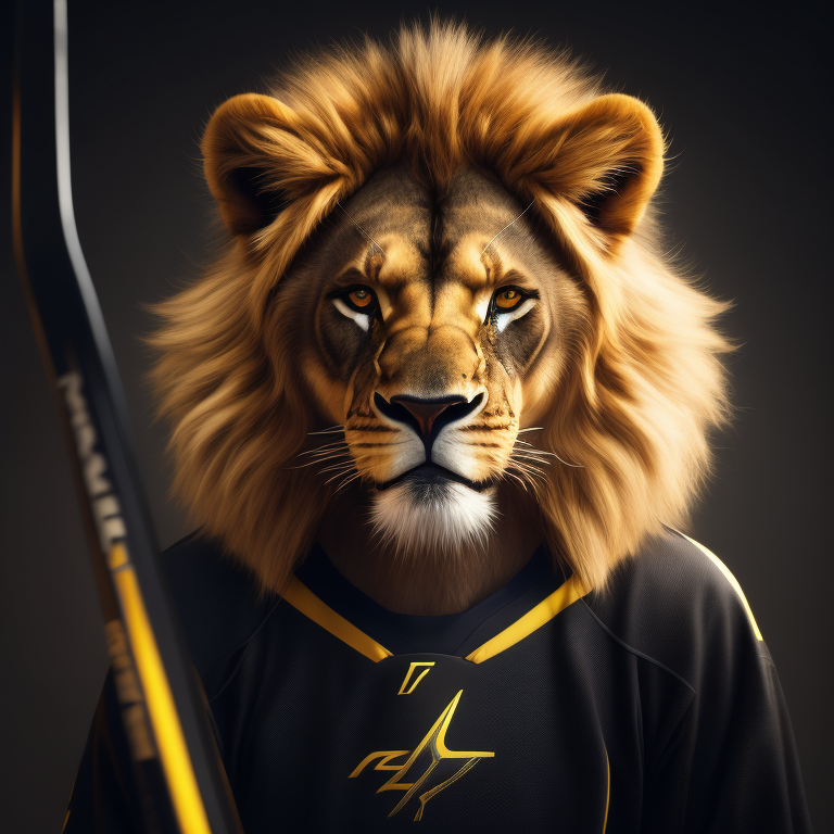 hockey stick, dark black and yellow color, sport, young lion head, kids, light and dark, sport style, action, sport dress, close up, portrait, photo, professional, retro look,