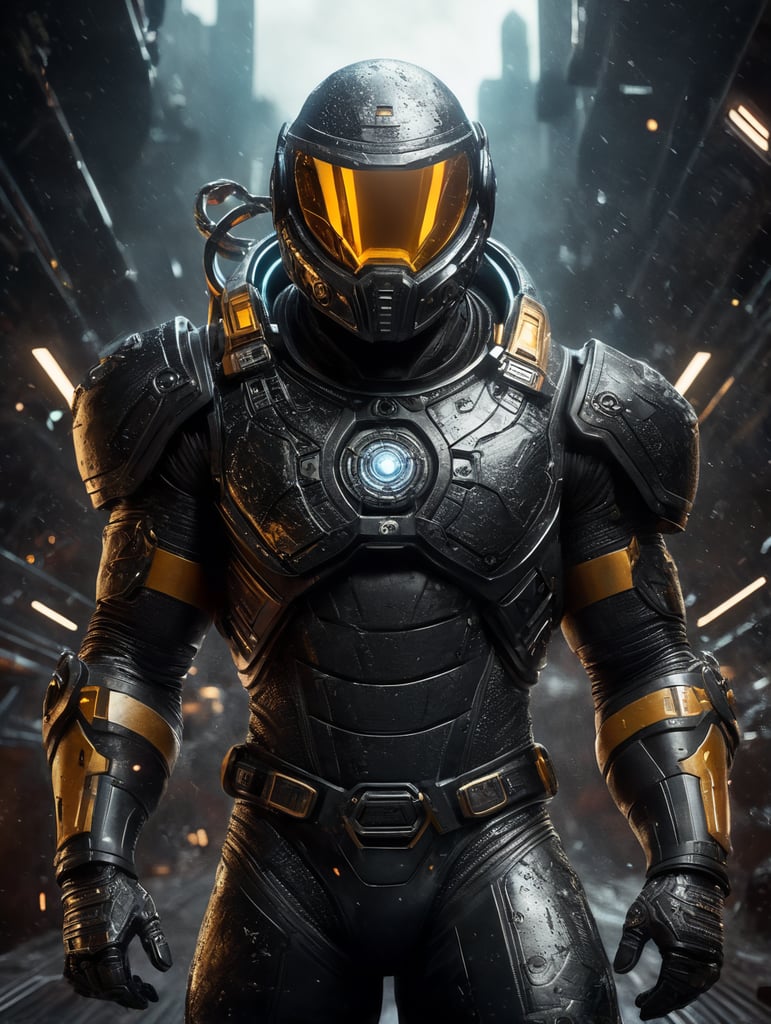 Space Viking, modern space suit style,NO HELEMT, Human face , bigger body size, black portal with with energy light, neon suit, cyber punk, darken, meteorite, spaceship, meteorite rain, energy blast, black suit with black details, with an infinite sign in front