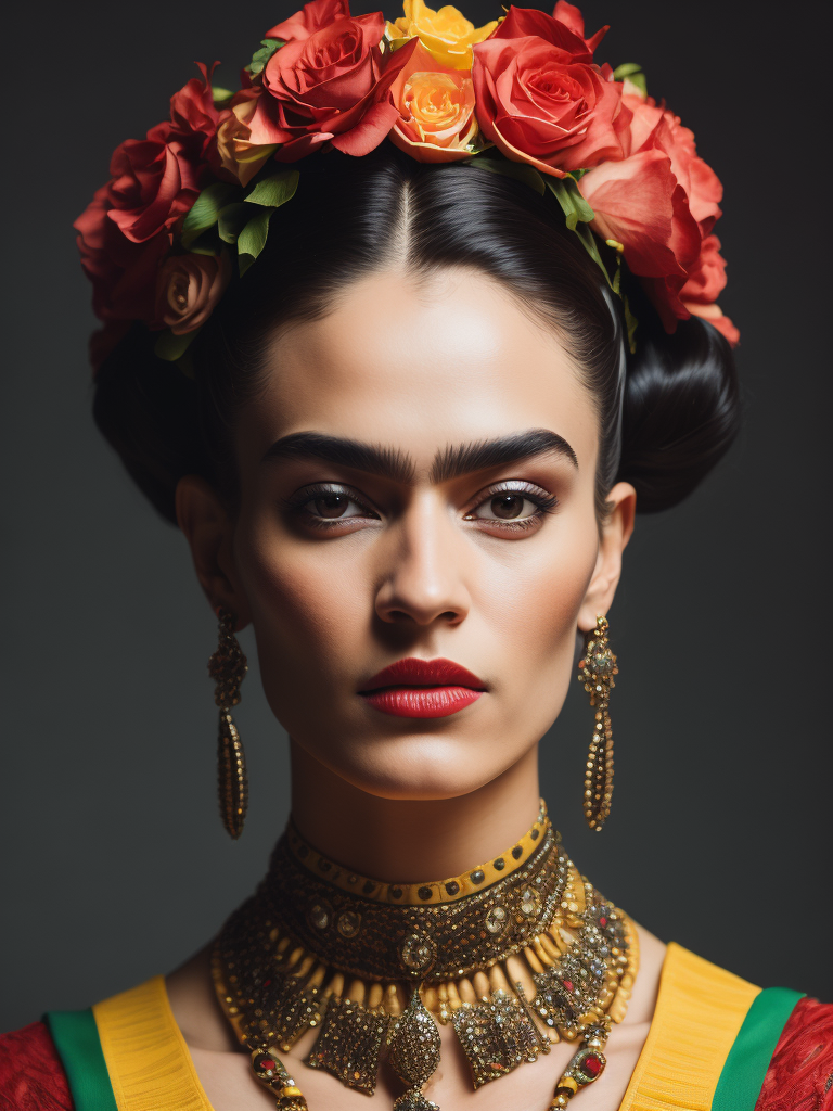 Portrait of Frida kahlo, bright and saturated colors, elegant, highly detailed, vogue, fashion magazine, sharp focus, Bright expressive makeup, Dramatic Lighting, Depth of field, Incredibly high detailed, blurred background