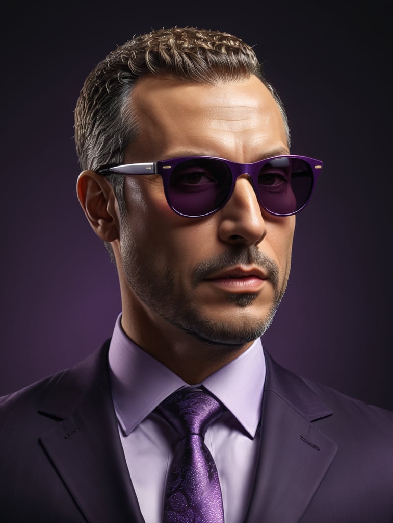 A man in a business suit with a eggplant for a head, dark purple background, sunglasses, isolated