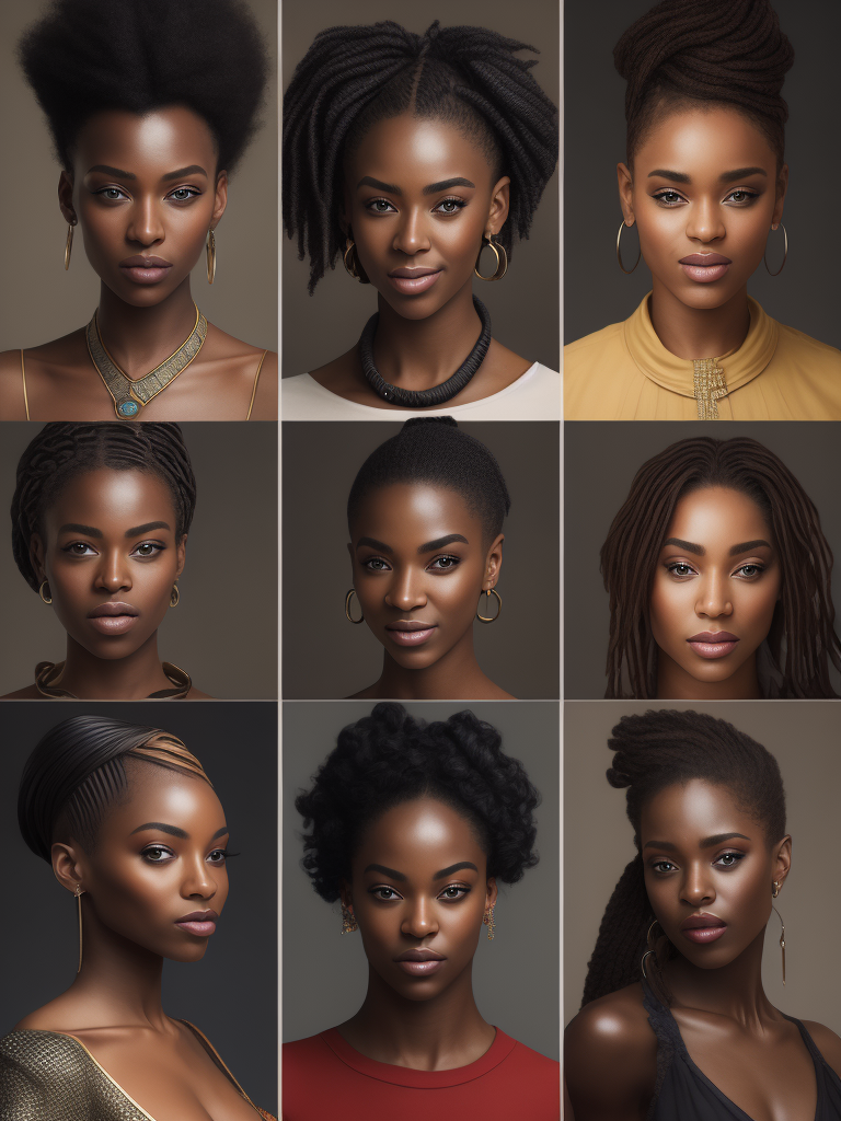 confident beautiful black women with a variety of skin tones and illustration, high def