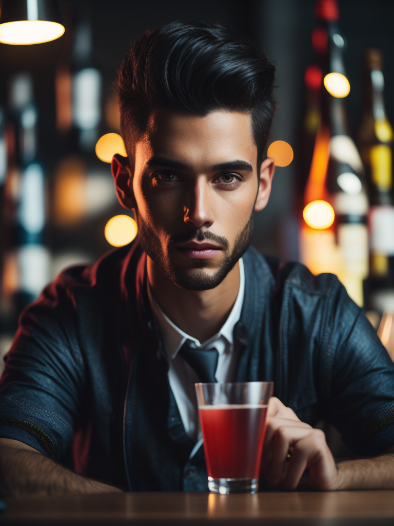 Portrait of a bartender, digital art, high resolution, black blur on face, red and black colours