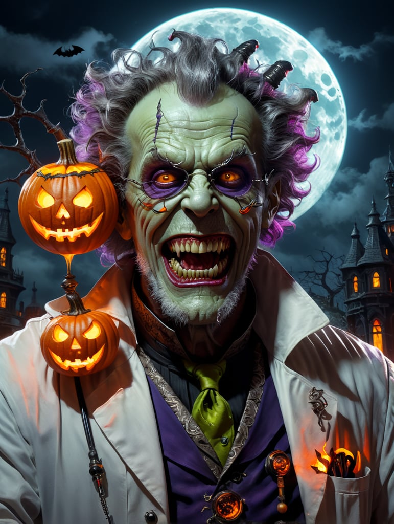 mad Scientist is an evil character wearing a spooky Halloween costume, Vivid saturated colors, and Contrasting colors, with a background full of bats and a bright moon