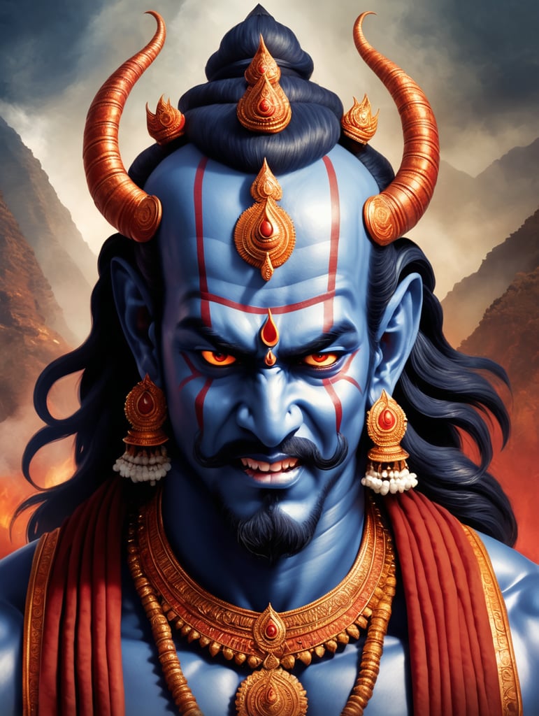The 10th avatar of lord Vishnu, lord Kalki,has a angry looking face, his body colour is dark blue and his eyes are red. His forehead has vaishnav tilak