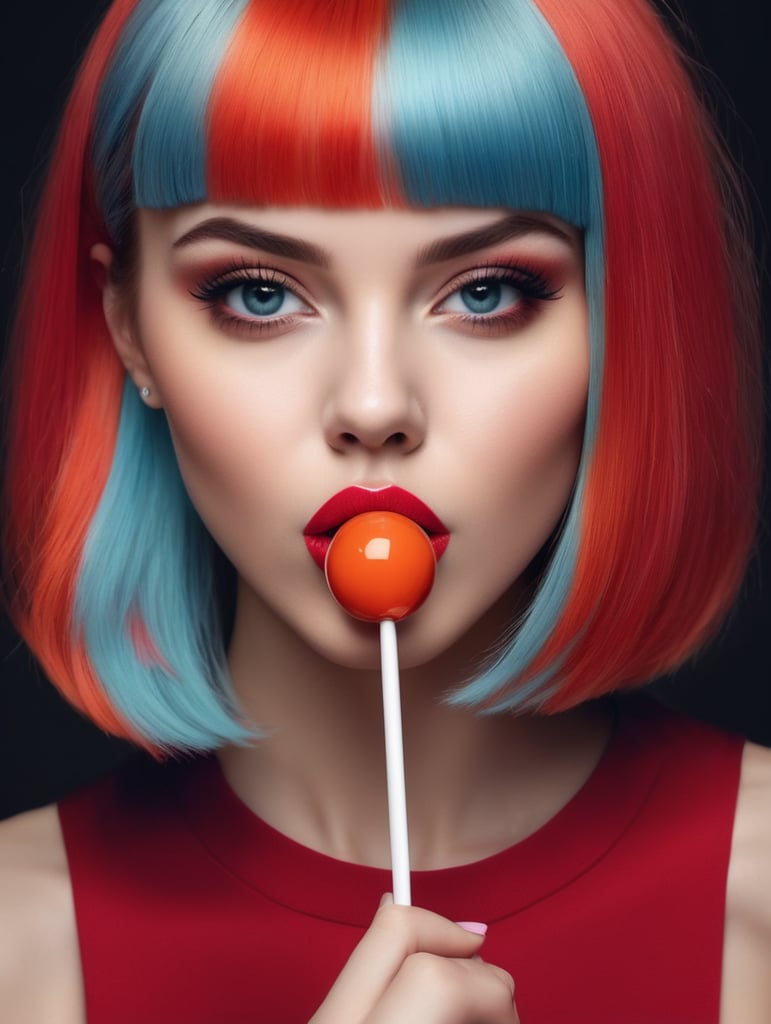 Photography of girl with a lollipop in her lips, face closeup, beauty girl in the style of Mary Quant, Vivid saturated colors, Contrast color, studio photo, professional photo, Rich colors, Detailed image, detailed face