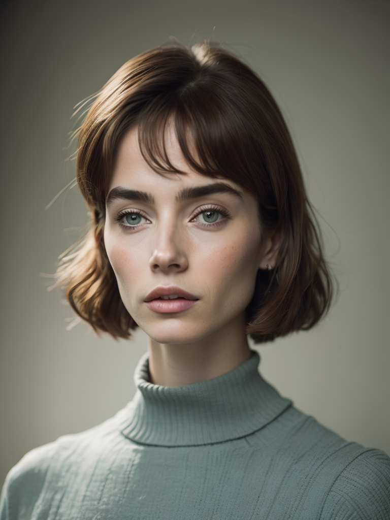 Portrait to the waist of twenty years old girl with green eyes in sweater tight-fitting figure, 1964 year, sixties, 1960's haircut, Britain culture, light and pastel colours, 8k, kodak film colour, 35mm lens, sharp focus