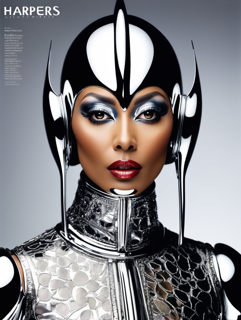 Donyale luna, avant-garde, simplygo, photoshoot spread, dressed in all chrome, foil background, harpers bizarre, cover, headshot, hyper realistic