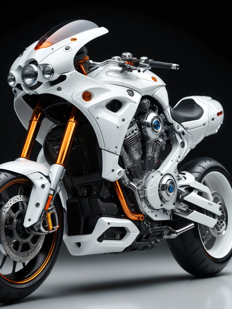 Futuristic white motorbike, low angle view, isolated, white background, mockup