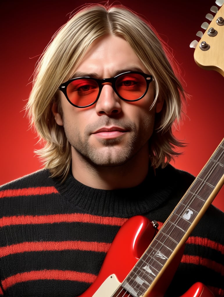 Kurt Cobain is wearing a black and red striped sweater, large oval glasses with thick white frames, with an electric guitar, Vivid saturated colors, Contrast light, studio photo, professional photo, Detailed image, detailed face