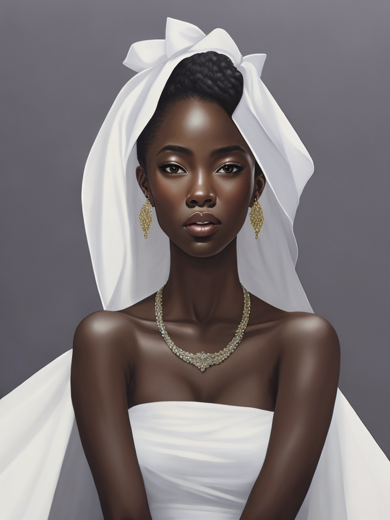 Portrait of a beautiful african american woman wearing a white wedding dress, by tran nguyen
