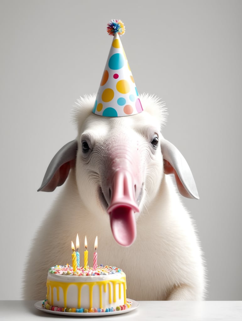 A anteater with a birthday cake and one party hat on its head, hyper realistic