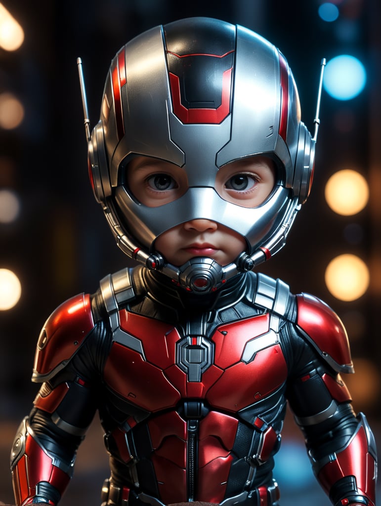 baby version of ant man marvel full body with black hair, full face,neon light photorealistic, masterpiece,full body photography, Ultra realistic, epic details, photorealistic, Cinematic, Ultra HD, Professional photography