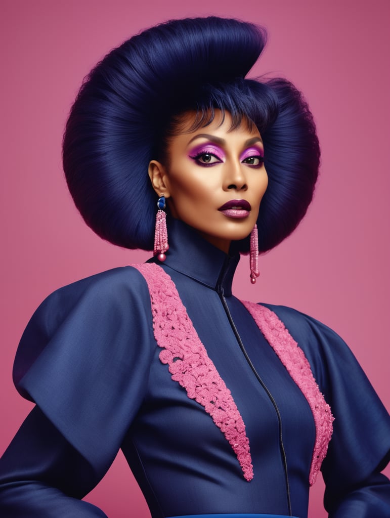 Donyale luna, avant-garde, simplygo, photoshoot spread, dressed in all indigo, pink background, harpers bizarre, cover, headshot, hyper realistic