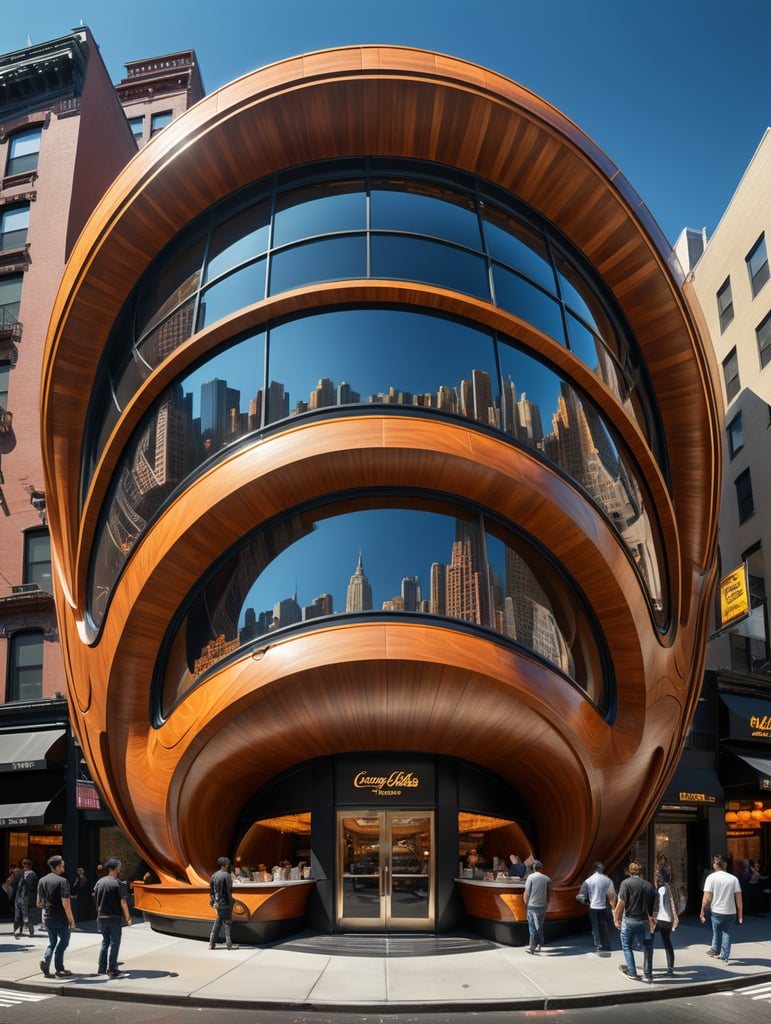 Ai Weiwei and Albert Gleizes style. Wide viewing angle lens architectural photo style bentwood hyper realistic hyper detailed futuristic neocosmic exterior architecture restaurant facade on the form of Fluid geometric lines, Ai Weiwei and Albert Gleizes architecture styles, epic Alberto Biasi, day's ambience, sunny day, in new york city 2040s, natural lighting, camera nikon, 8k, --s1000 --style raw, detailerd and intricate, Ai Weiwei and Albert Gleizes.