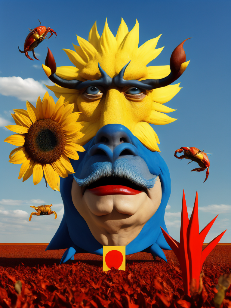 surreal collage, mustached man, crab, troll, sunflower, blue square, red stick figure, photorealism, HD