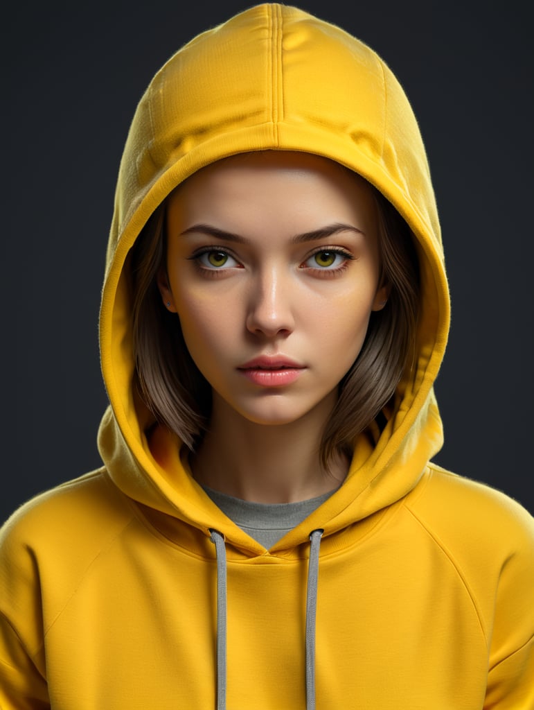 Portrait of a beautiful young woman wearing blank yellow hoodie, isolated, minimalism, mockup, mock up