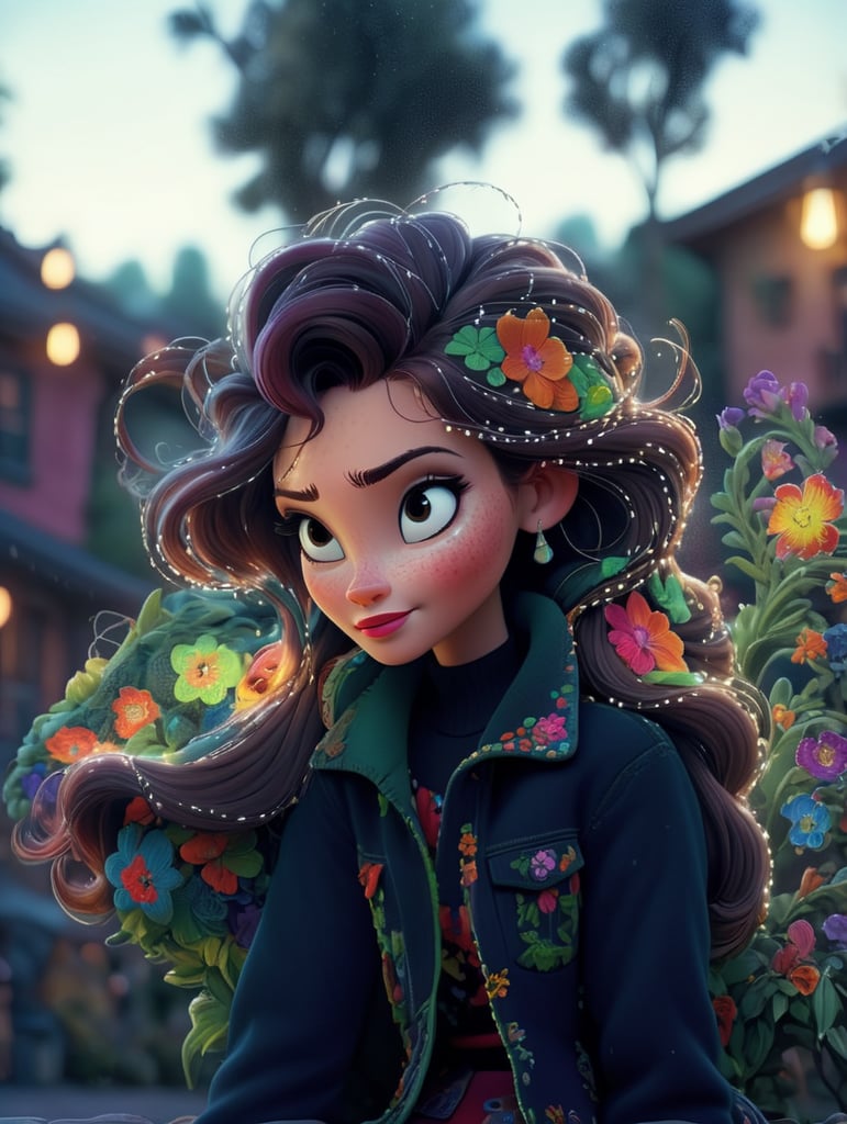 Beautiful woman with freckles, wearing a colorful, vibrant, detailed embroidered jacket, medium-full shot, at night