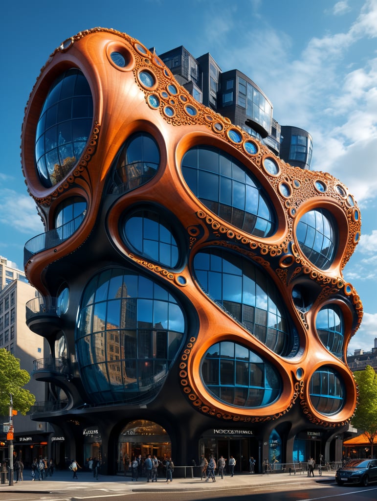 the craziest, bentwood, far view lens architectural modern style hyper realistic hyper detailed neocosmic exterior architecture design of a octopus Fluid complex facade, geometric shapes spectrum, black:2 blue:3, Antoine Blanchard architecture art style, in new York city, dramatic ambient, natural lighting