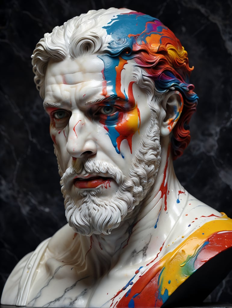 greek male white marble bust with colorful paint, melted, the paint is flowing, aesthetic background