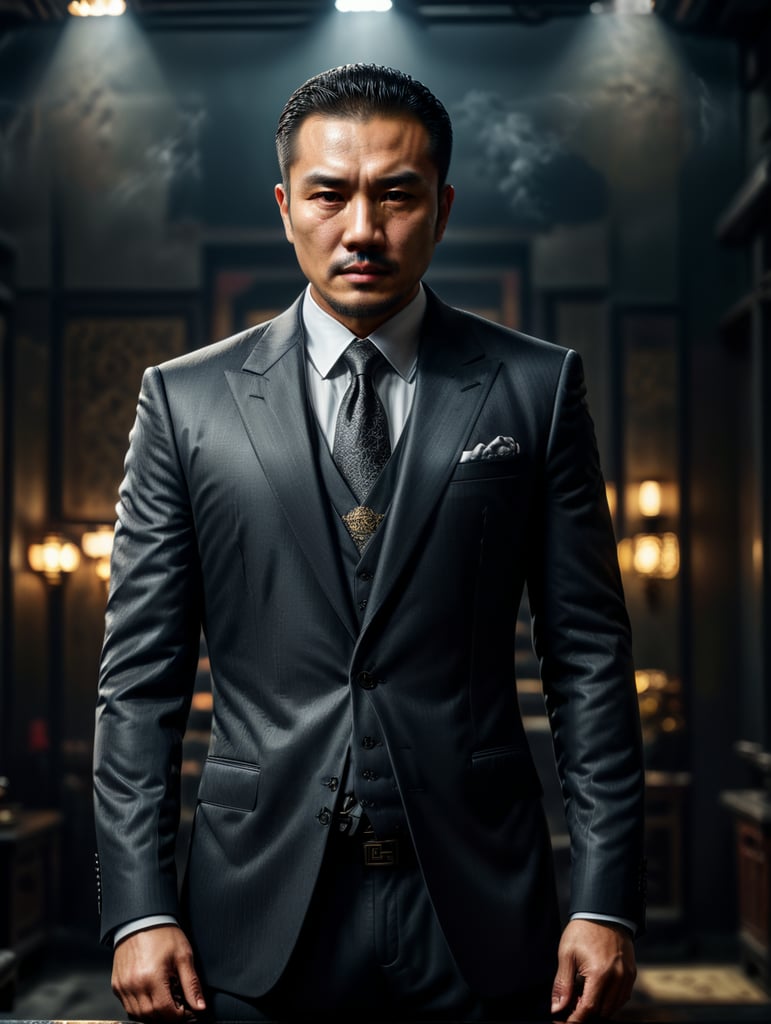 Portrait of a Chinese mafia boss in formal suit