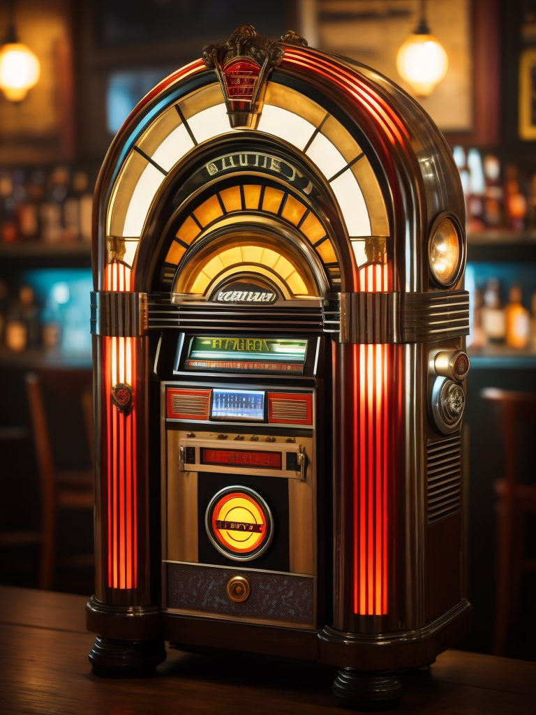 Retro jukebox in a bar, sharp focus, highly detailed,