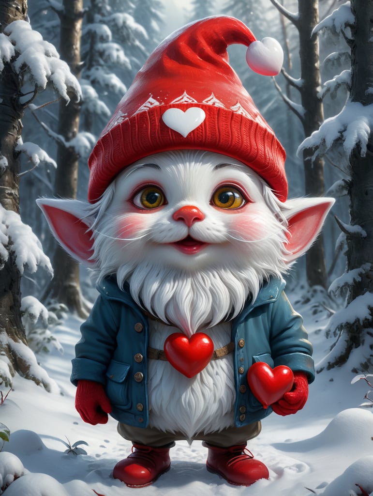 Small gnome cute face big eyes with red hat and clothes the hat covering a bit of the face gnome holding a red heart in a snowy winter forest with a white cat at his side