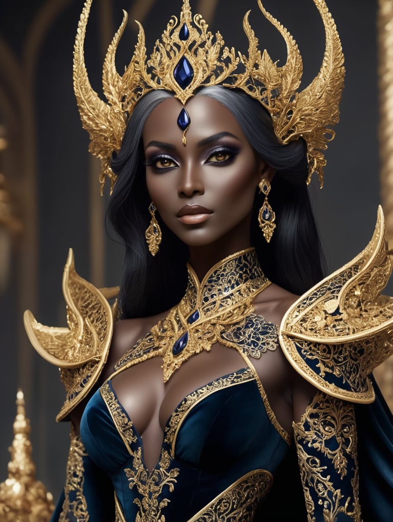 Queen Myara's voice, known for her elegance and grace. When the door finally opened, he found himself standing before her in all her regal glory. Myara was a statuesque dark elf queen with an air of command about her. Her long, flowing black hair cascaded down her back, framing her exotic features which included high cheekbones, full lips, and deep violet eyes that sparkled like jewels. She wore a formal gown made of rich velvet fabric embroidered with intricate gold patterns that accentuated her curves.