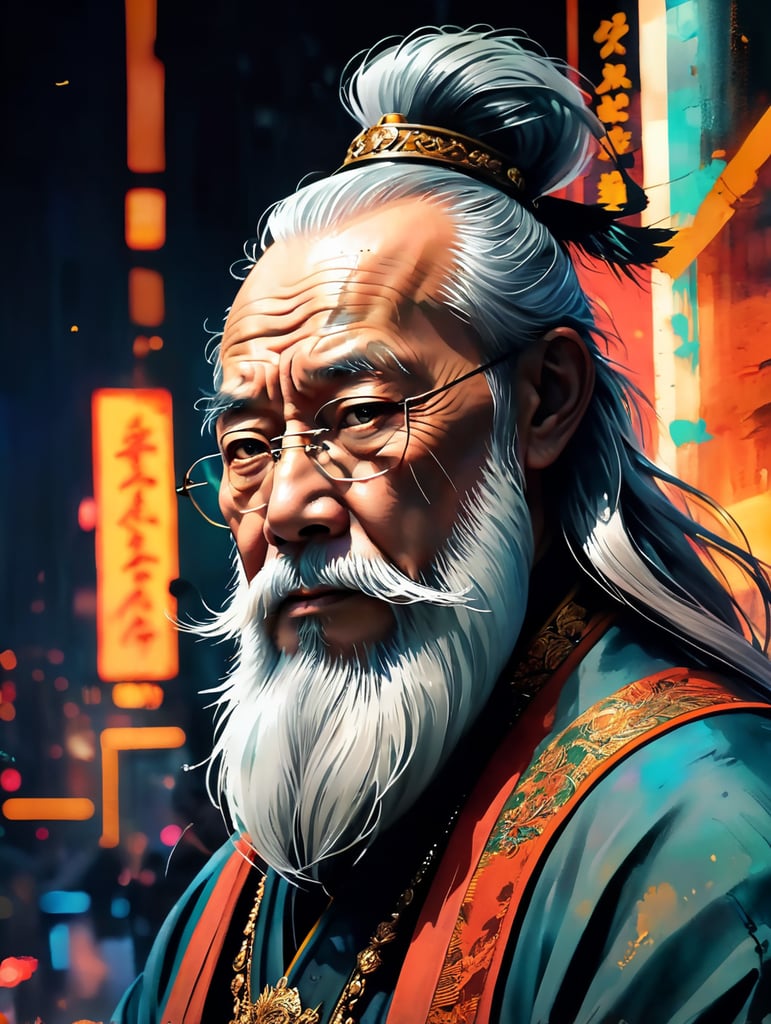 Wise old japanese man from tokyo with a long white beard, intricate, sharp focus, fantasy, cinematic lighting, other worldy, surreal 8k photo, dark moody aesthetic