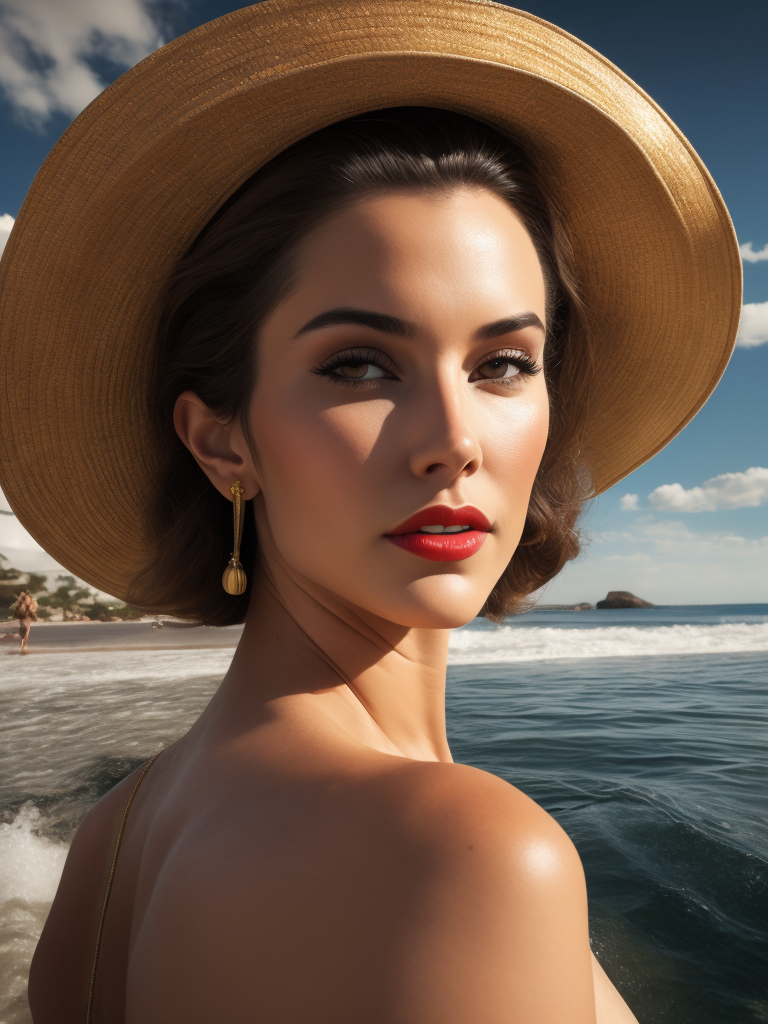 A 1950s pin-up girl style, beautiful super model face symmetrical, cinematic shot, dramatic, dramatic lighting, beach babe, complete figure standing in water, colourful hat, hourglass figure