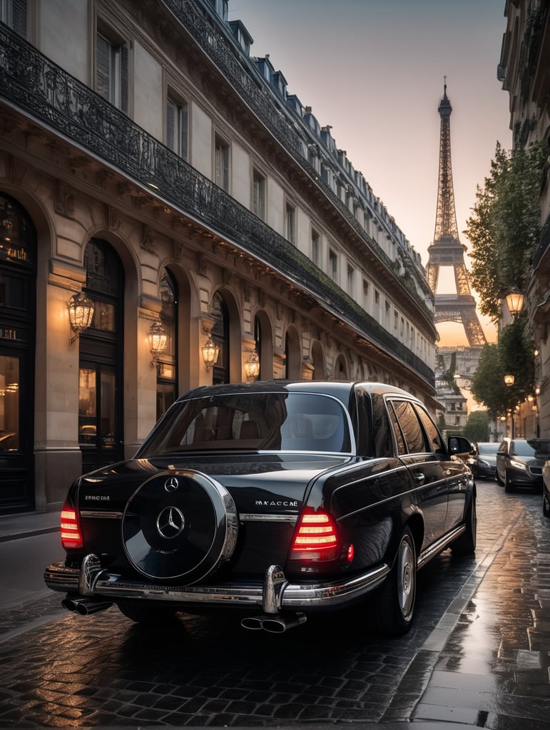 high quality cinematic Mercedes-Benz Maybach decorated with diamond stones in the city of Paris