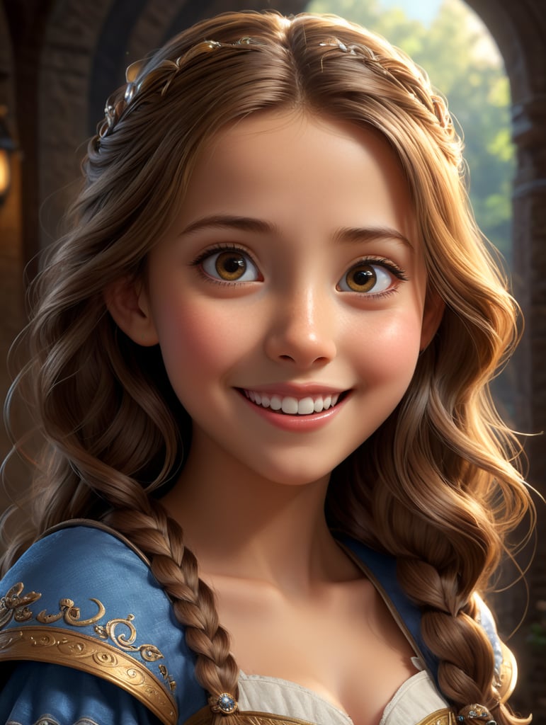 an adventurous princess-like girl, creative and kind-hearted person, with long straight light brown hair, big eyes, small nose and a smiling mouth, centered in 3D style, rendered using beautiful Disney animation, Pixar style, Disney style, 3D style