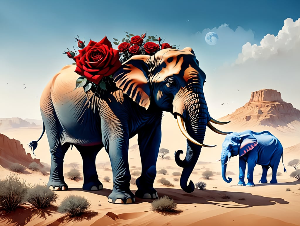Красная роза в бежевой пустыне. Синие слоны. Сверху космос.