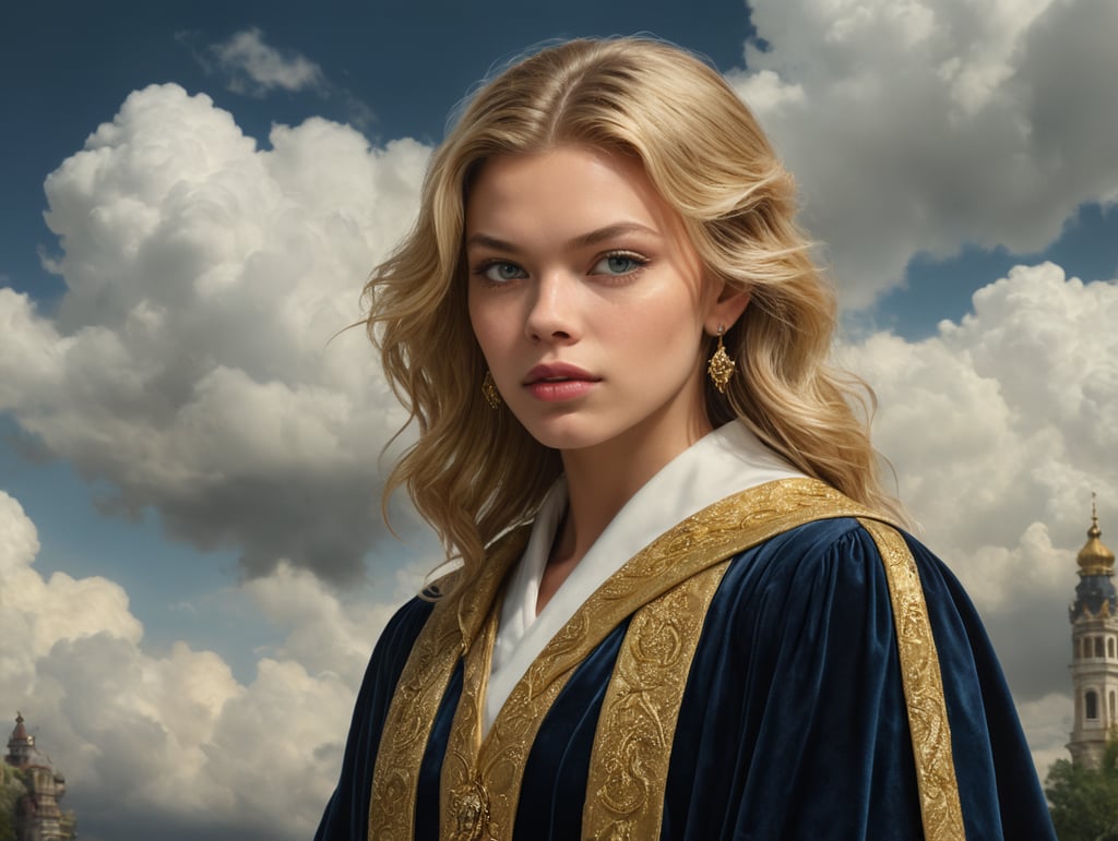 stella maxwell in graduation gown made of velvet visiting an elder in a shire white and gold marble background with clouds