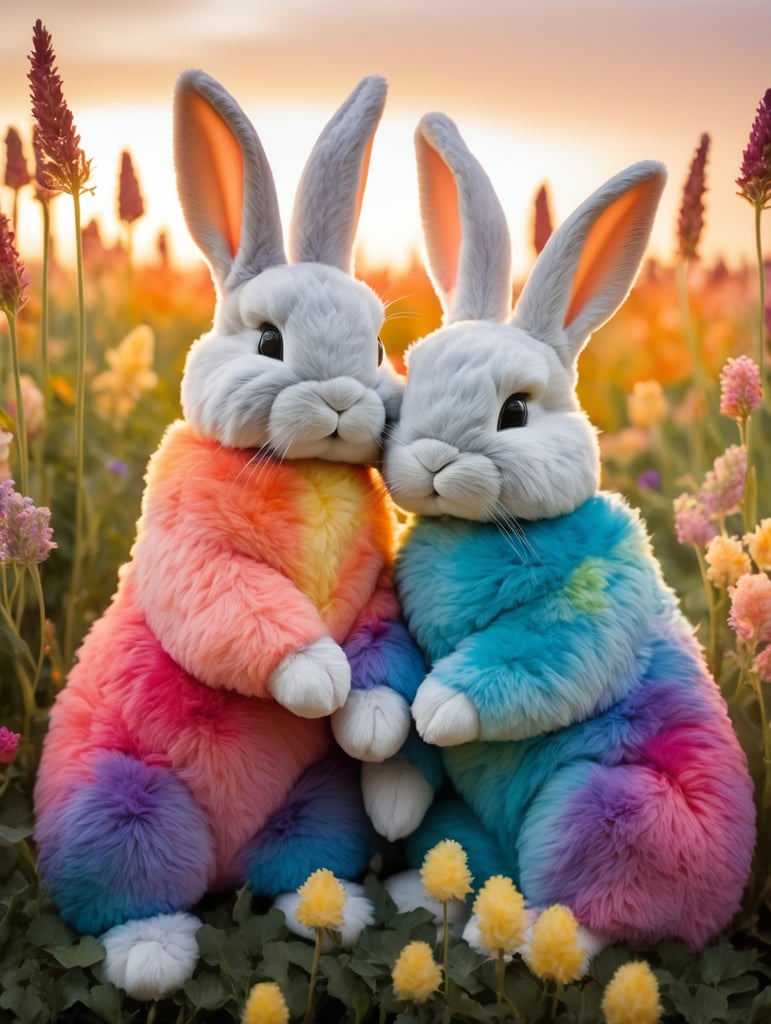 Two tie dye rainbow fur bunnies cuddling in field of flowers sunset