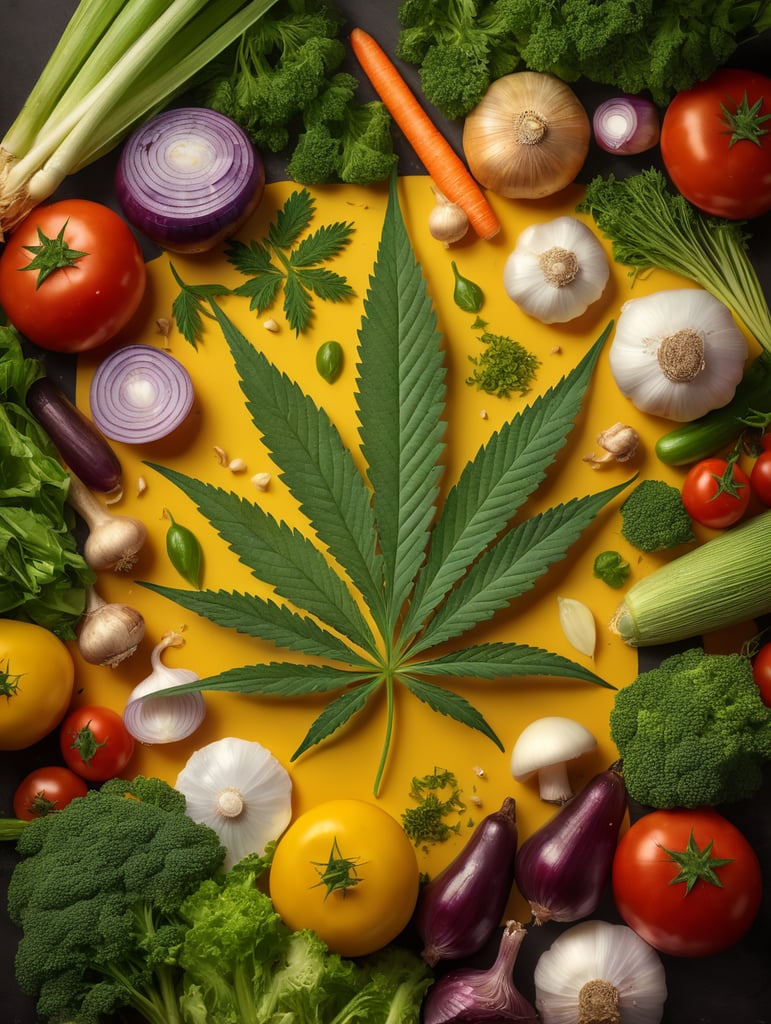 Photorealistic cannabis leaf surrounded by vegetables including garlic, mushrooms, and onions on a yellow background