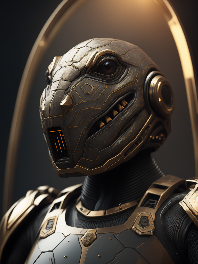 Portrait of a cybernetic black turtle, sunburst around head, deadly face with power armor, ultra realistic, intricate details, highly detailed, photorealistic, octane render, volumetric lighting.
