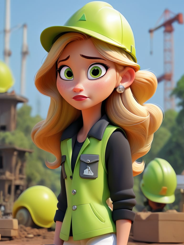 straight blonde hair girl brown eyes, with white construction hat, a green construction work reflective vest, golden earrings, a silver watch in a left arm, white wide pants and white shoes, with construction background, cartton style