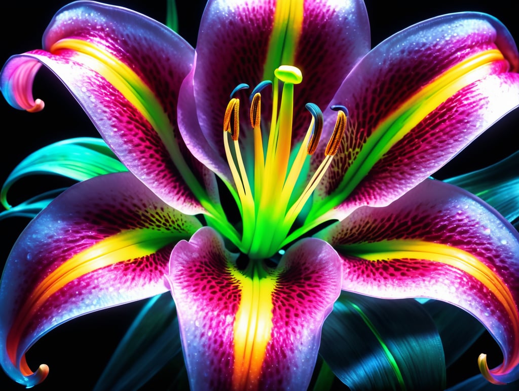 bioluminescent flower Lily, hyper detailed rendering, 4k, magic light, neon watercolours