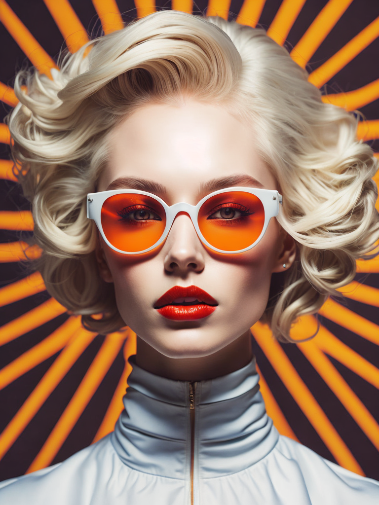 Pale-skinned girl model, wearing a high-necked dress, contrast lighting, white sunglasses with red-orange lenses, red lips, blonde hair in a bob style, dark background with orange-red rays, fashion model, magazine cover, professional shot,