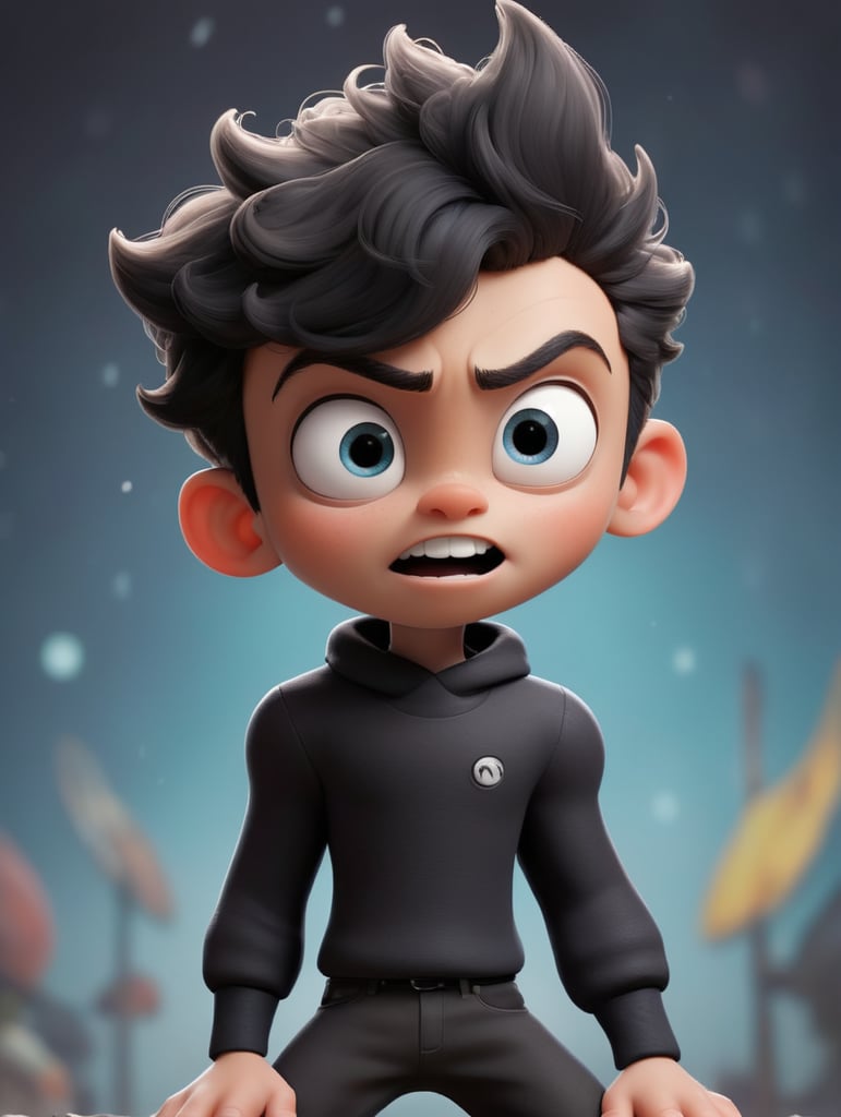 A 13-year-old boy whose body looks like that of Killoa, his hair is black, his clothes are like a kong fo clothes And when he transform onto his face becomes black energy and on his eyes a circular white energy like the shape of his face Gun from the sniper anime when he turns and he has two shiny black horns and his ears are pointed like the ears of the people of a thousand, before he turned he was screaming and then he turned to this shape, anime