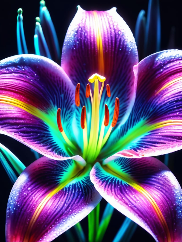 bioluminescent flower Lily, hyper detailed rendering, 4k, magic light, neon watercolours