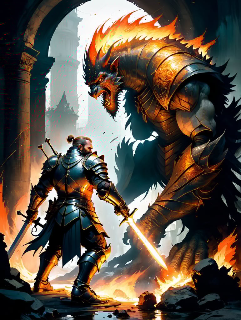 knight, dwarf, wizard and elf about to fight colossal flaming monster in dark dungeon