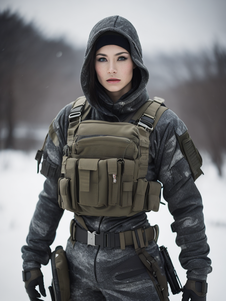 (photorealistic), beautiful lighting, best quality, realistic, full body portrait, real picture, intricate details, depth of field, 1girl, in a cold snowstorm, A very muscular solider girl with haircut, wearing winter camo military fatigues, camo plate carrier rig, combat gloves, (magazin pouches), (kneepads), highly-detailed, perfect face, blue eyes, lips, wide hips, small waist, tall, make up, tacticool, Fujifilm XT3, outdoors, bright day, Beautiful lighting, RAW photo, 8k uhd, film grain, ((bokeh))